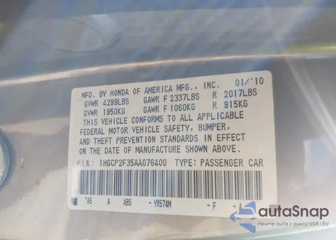 2010 Honda Accord 2.4 Lx from USA, damaged, VIN 1HGCP2F35AA076400